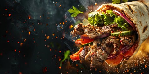 fresh grilled beef turkish or chicken arabic shawarma doner sandwich with flying ingredients 