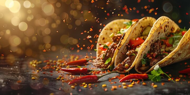 fresh grilled beef or chicken tacos with flying ingredients and spices hot ready to serve and eat 