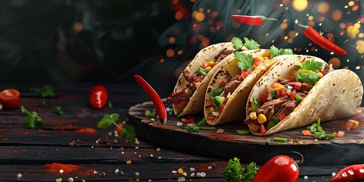 fresh grilled beef or chicken tacos with flying ingredients and spices hot ready to serve and eat 