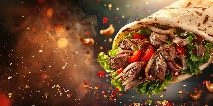 fresh grilled beef turkish or chicken arabic shawarma doner sandwich with flying ingredients 