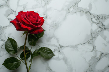 single red rose on a white marble background