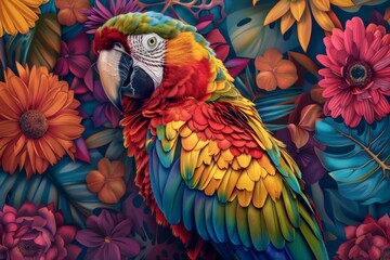 Fototapeta premium A colorful parrot is perched on a leafy green background
