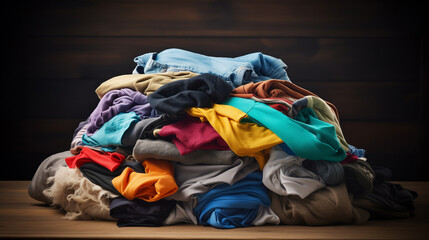 Concept problem of conscious consumption of clothing, people pollute environment of Earth with textiles. Disposable clothing lying in heap.