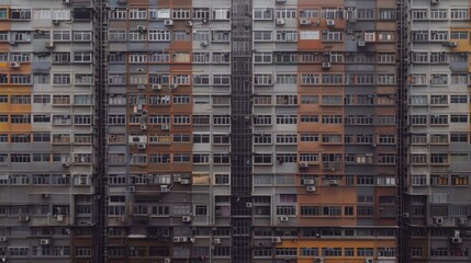 frontal photography of the facade of a huge hong kong apartment building, frontal shot, neutral lighting, photorealistic, no perspective 
