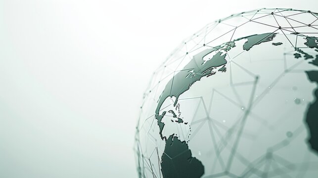 A minimalistic 3D graphic of a globe with interconnected lines representing global shipping routes set against a white background with ample space for text and a clean design
