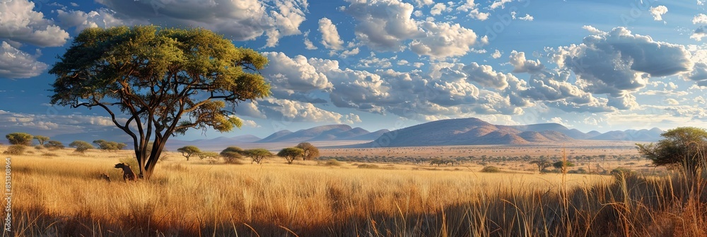 Wall mural machine generated photo of the open african landscape - safari concept with tree in the grasslands
