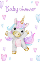 Unicorn and hearts. Cute baby shower invitation for girls. Greeting card with fairytale pony. Template of newborn's party invitation. Watercolor hand drawn illustration.