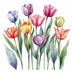 Watercolor painting of a garden of colorful tulips and leaves isolated on a white background