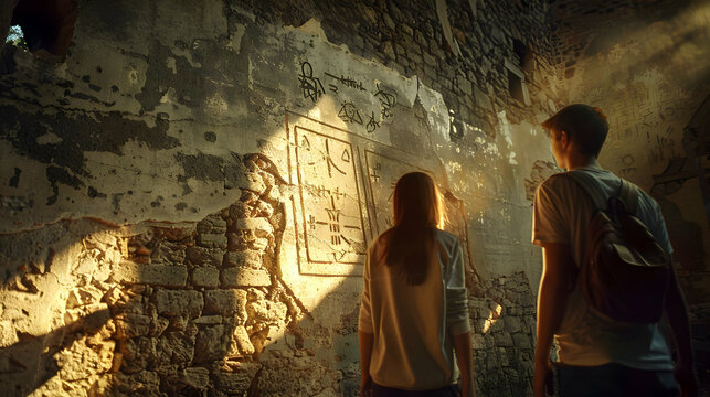 Teenagers examining strange, cryptic symbols carved into the stone walls of an abandoned building, the fading light of the setting sun casting long shadows