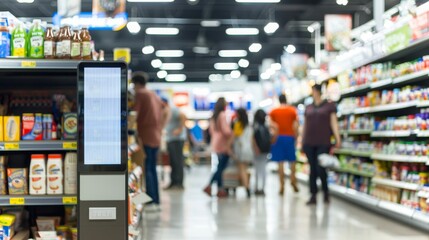 Busy supermarket aisle with a blank sign in the foreground and blurred shoppers in the background, highlighting consumer activity and retail environment.