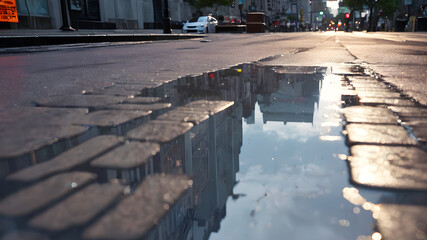 Capture the reflection of a city skyline in a puddle after the rain.