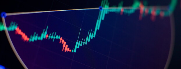 Investment, trade, stock, finance and analysis concept. Business graph charts of financial board display candlestick double exposure