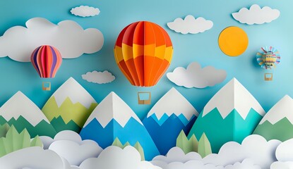 Obraz premium Colorful Hot Air Balloon Ride over Mountain Landscape