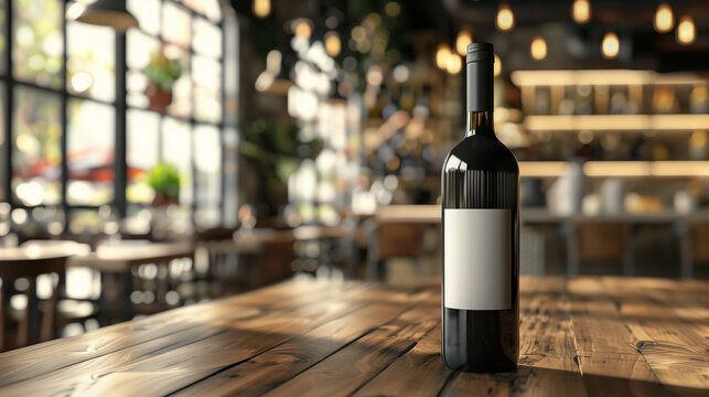 mockup black wine bottle on wooden table, bottle with blank white label, cafe table background with slight blur, Ai Generated Images
