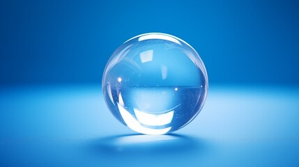 A Transparent Glass Sphere on a Blue Background Reflecting Light