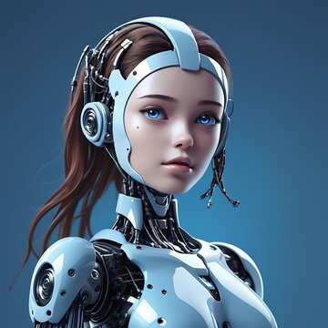 Face portrait of a female robot, 3D rendering. Black background.
