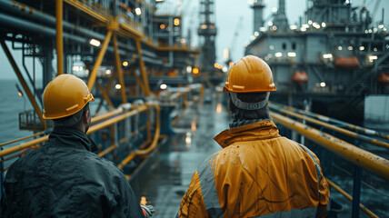 Offshore oil rig engineers coordinate working, wide shot, front view, high resolution, composition