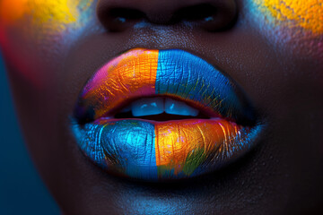 Women's lips attractive with multicolor bright coloring, Pride makeup rainbow lip art