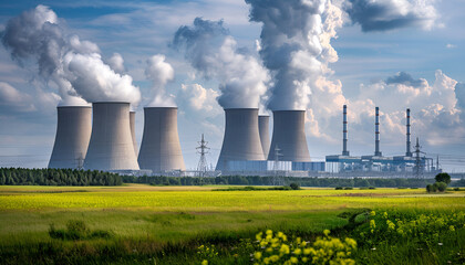 View of nuclear power plant with cooling towers