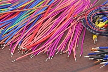 Copper stranded mounting electrical wires in colored insulation for electrical equipment. Close-up....