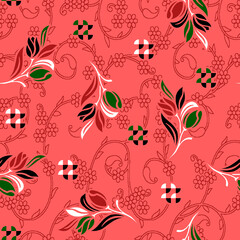 Seamless floral illustration features intricate patterns and bold colors, perfect for enhancing digital and print designs. Ideal for use in textiles, wallpapers, packaging, and branding materials etc.
