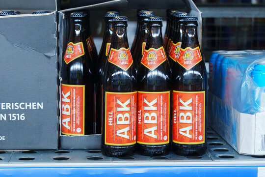 Tyumen, Russia-March 02, 2024: ABK lager beer bottles close up supermarket shelf