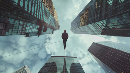 Fototapeta premium Businessman walking on a tightrope stretched between two skyscrapers, symbolizing risk and challenge. Risk management concept