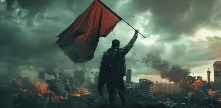 Man waves red revolution flag amid war torn cityscape. Smoke and fire rise from ruins of destroyed buildings. Rebellion and struggle concept. Conflict zone. Resistance symbol. Fire and smoke. - Powered by Adobe