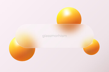 Website landing page template in glass morphism style. Horizontal presentation screen with the effect of glass overlay on orange spheres.