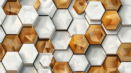 Modern 3D design featuring hexagonal shapes in a deluxe combination of white, gold, and wood, resembling a detailed mosaic.