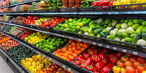 fruits and vegetables in supermarket with colorful background