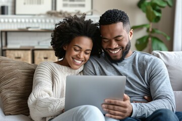 Contented and grown-up pair unwinding at their residence, cherishing valuable moments on the sofa. They giggle, embrace and utilize a computer