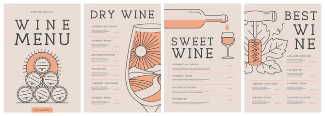 Restaurant wine menu design with bottle, glass, corkscrew and cork. Line art modern vector illustration