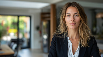 Confident Professional Woman Standing with Arms Crossed in a Stylish Modern Office Environment