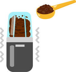 コーヒー豆を粉砕している電動ミルミキサー