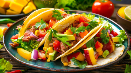 Vibrant tacos loaded with meats and fresh veggie toppings. Stock image style, Ai Generated