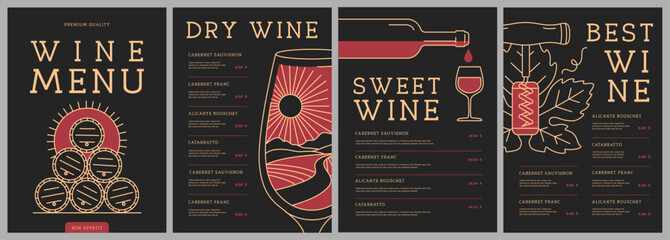 Restaurant wine menu design with bottle, glass, corkscrew and cork. Line art modern vector illustration