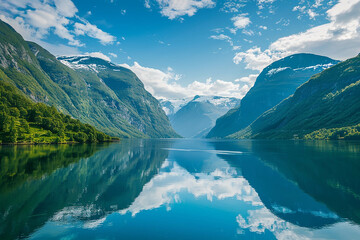 Fototapeta premium Stunning view of the Norwegian fjords, clear blue sky, lake with mountain reflections, early morning, peaceful atmosphere, beautiful nature photography. The lake reflection was in the style of Ansel A