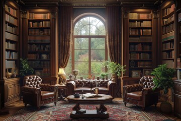 Traditional English study with built-in bookshelves and leather armchairs