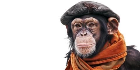 A chic chimpanzee wearing a stylish beret and scarf, posing confidently against a pristine white backdrop.