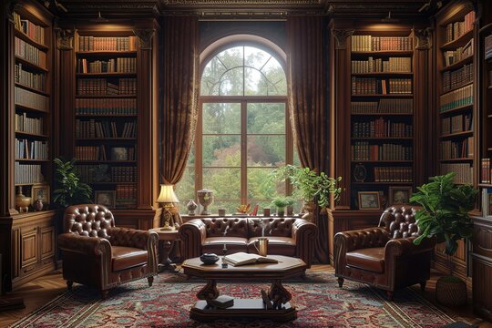 Traditional English study with built-in bookshelves and leather armchairs
