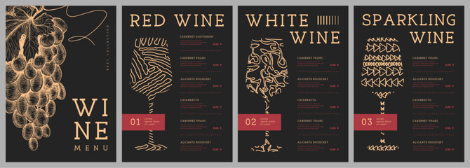 Naklejka premium Restaurant wine menu design with wine glasses and grapes. Vector illustration