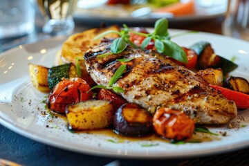 A plate of grilled chicken and roasted vegetables served on a clean, white plate