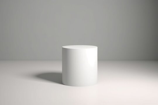 Empty white podium on white wall background for product placement. Modern product display. Copy space on showcase platform for marketing and presenting. Front view. 