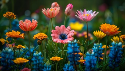 Fototapeta premium A field of colorful flowers in the dark.