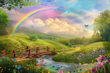 Natural landscape with bridge and rainbow