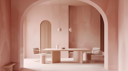 Elegant Nordic Minimalist Interior with Pink Walls and Arched Doorways: High-Quality Detailed Design