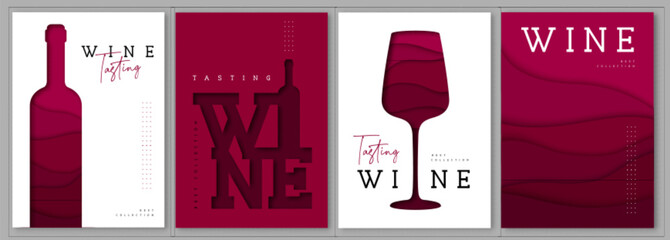 Set of abstract cut out modern wine covers or posters. Wine tasting. Restaurant menu. Vector illustration