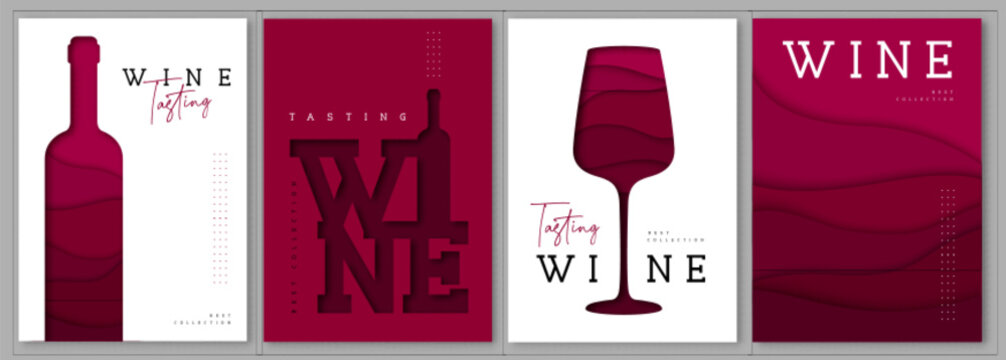 Set of abstract cut out modern wine covers or posters. Wine tasting. Restaurant menu. Vector illustration