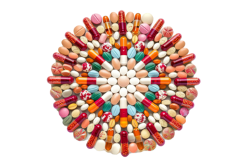 Pills in a kaleidoscope fall, isolated on white background